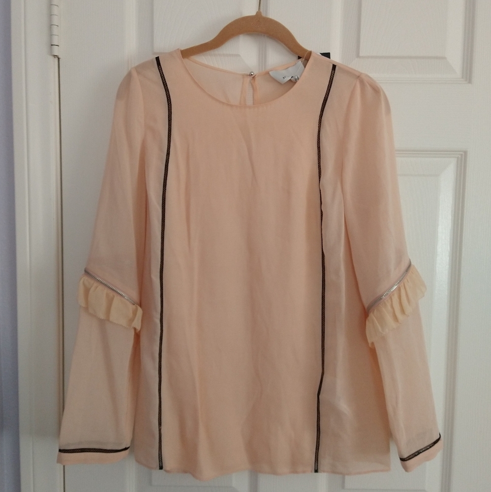 3.1 Phillip Lim Blush Long Sleeve Silk Blend Top with Ruffle Zipper Detail